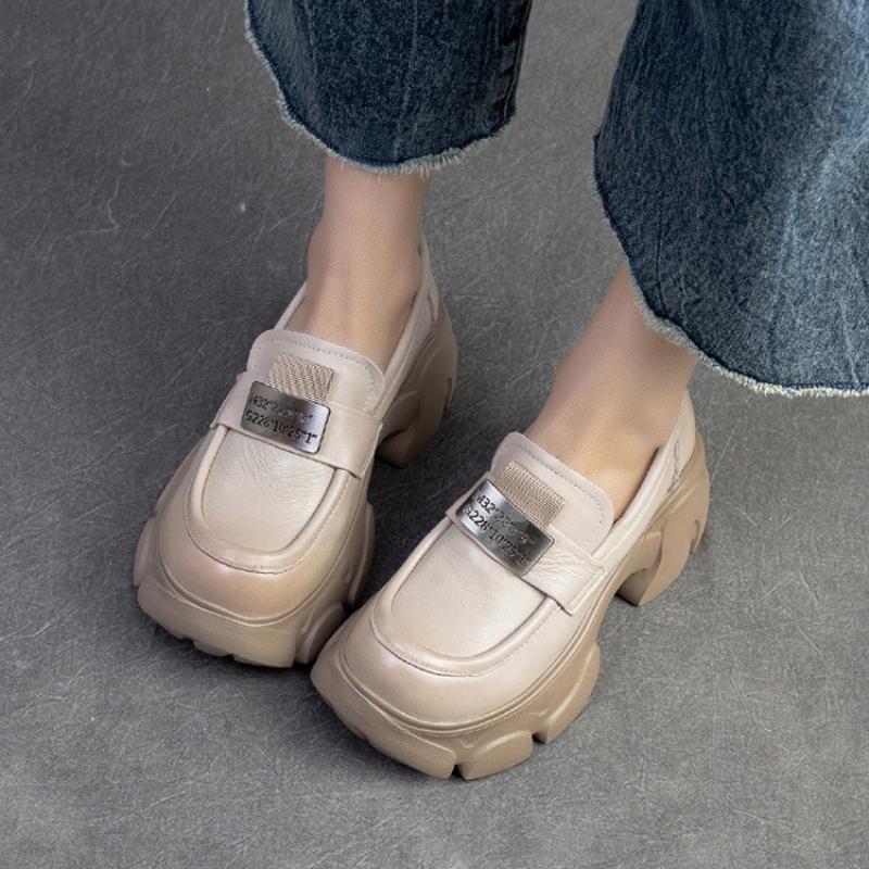 Johnature Heightening Loafers Genuine Leather Slip-on Pumps Fashion Versatile Women's Platform Shoes