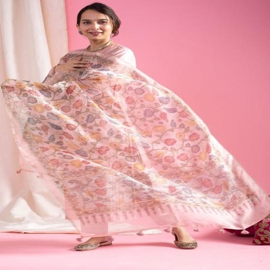 Blush Pink Silk Kurti Set with Kalamkari Floral Printed Organza Dupatta