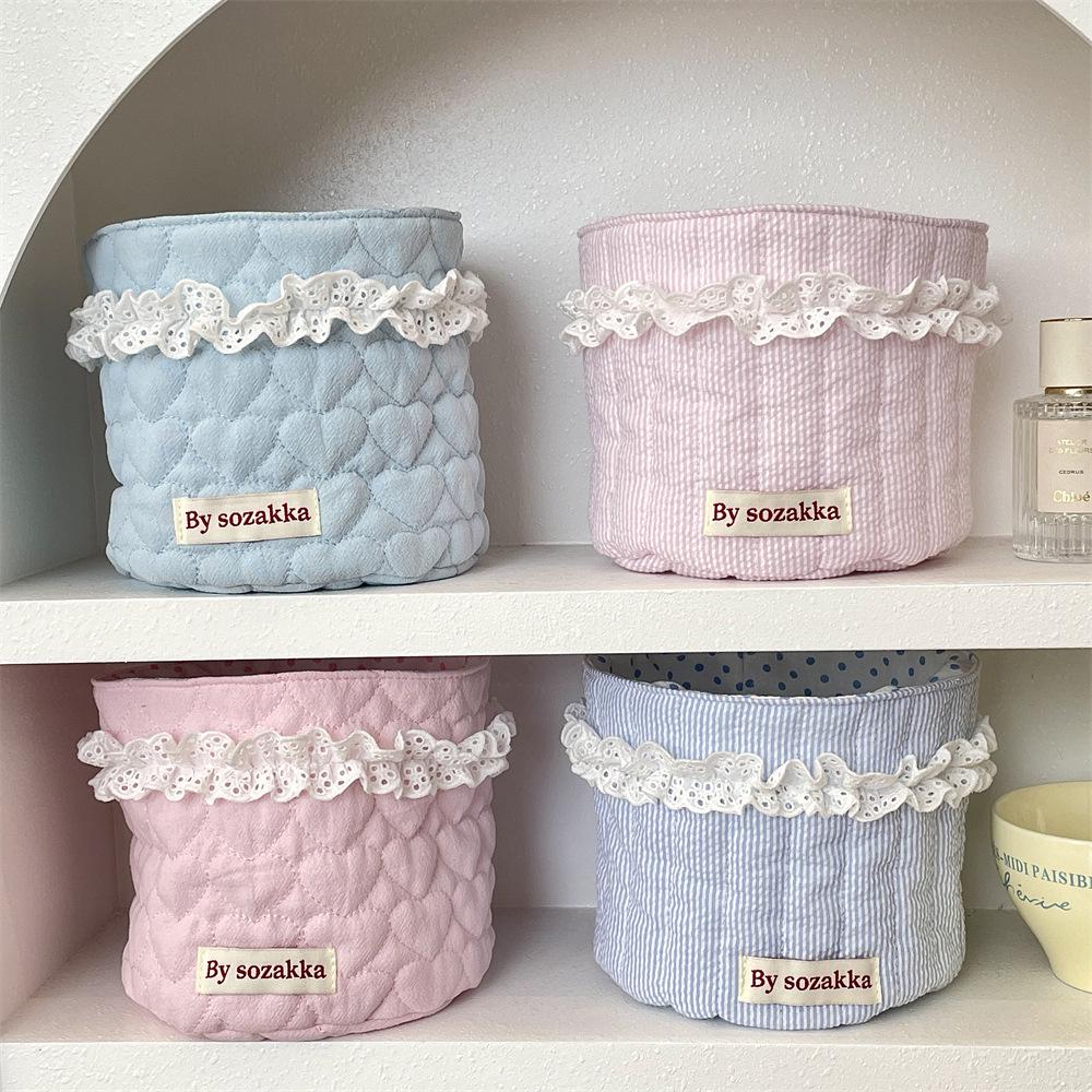 Korean Quilted Fabric Basket for Girls - Round Storage Organizer for Toys and Snacks.