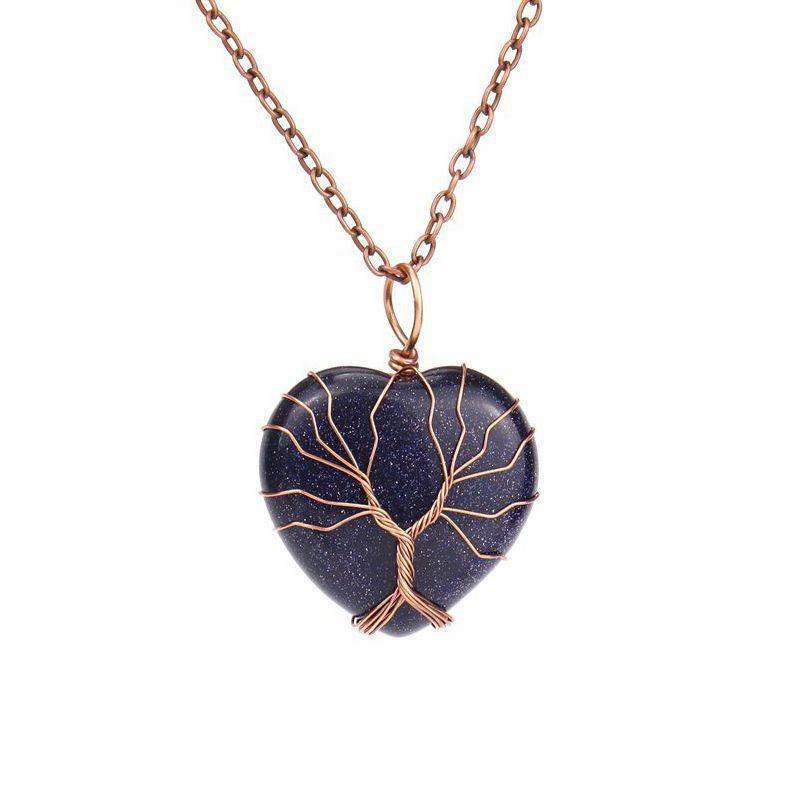 Ancient Red Copper Hand-Wound Peach Heart Natural Stone Heart-Shaped Powder Crystal Tree Of Life Necklace N519