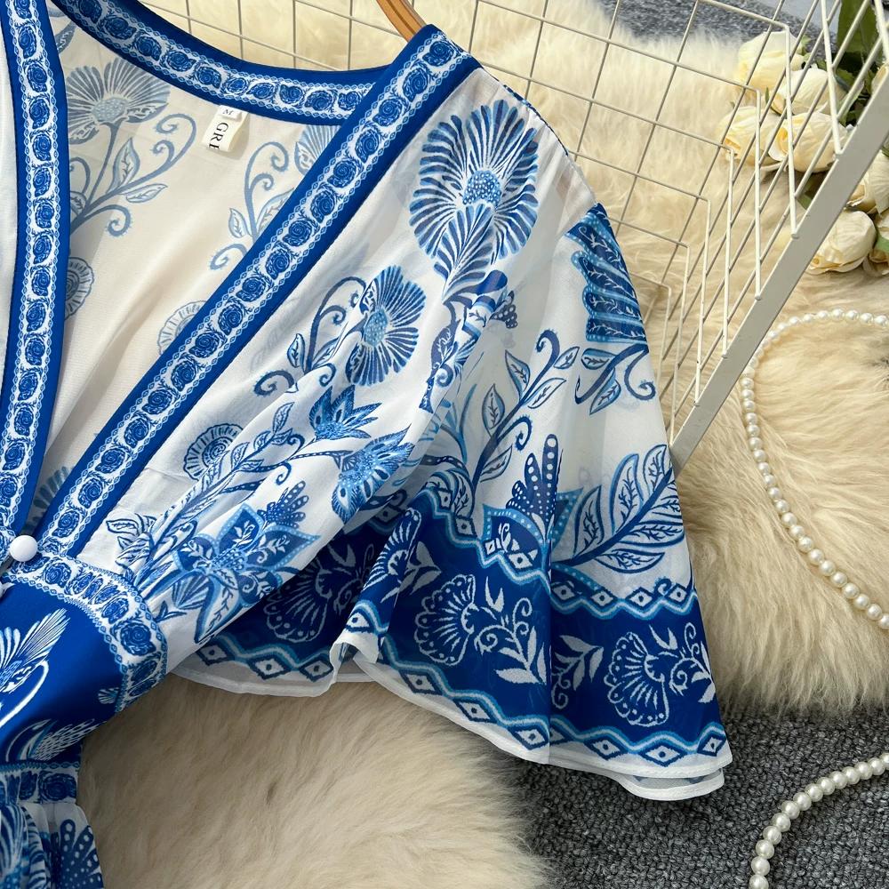 Luksusowa Niebiesko-Biała Porcelanowa Sukienka Maxi Bez Rękawów z Dekoltem V dla Kobiet Elegancka Letnia Sukienka A-Line z Wysokim Stanem Modelująca Sylwetkę