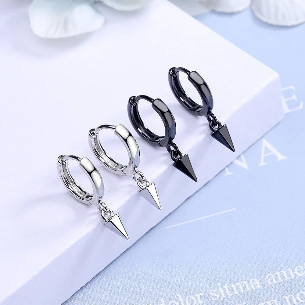 New  Sterling Silver Women Men Earrings Black Ear Clip Cone Pendant Punk Hipster Rock Round Circle Unisex Stud Earring Gift