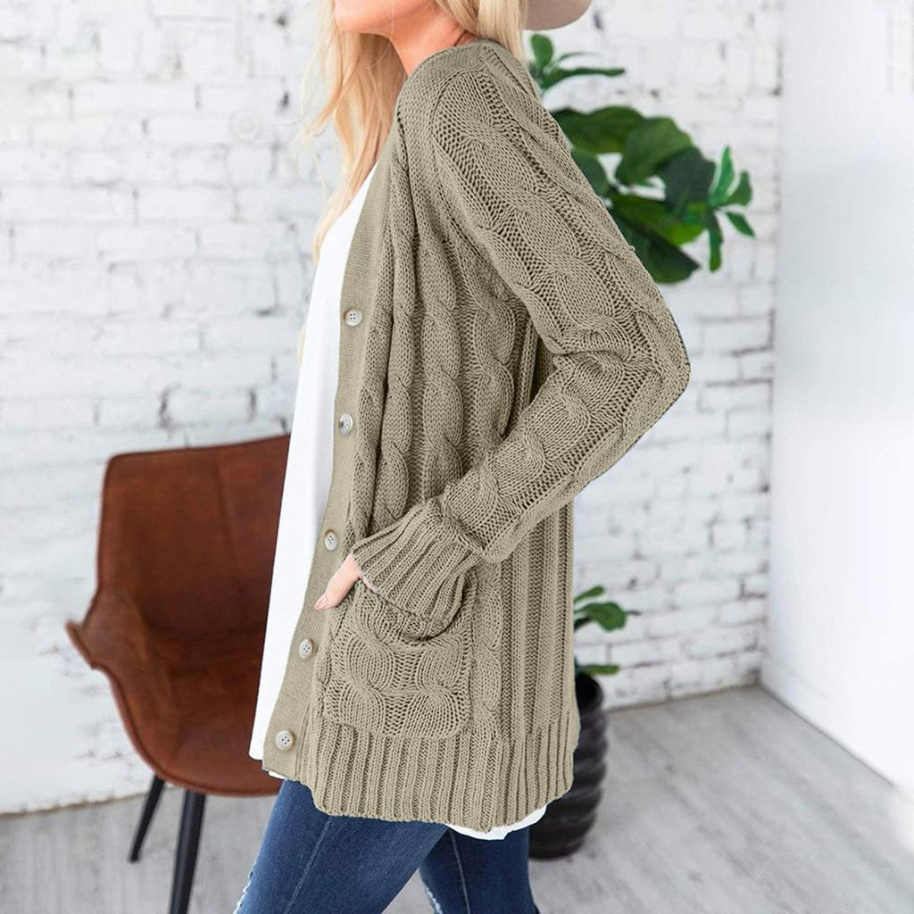 Womens Solid Color Cardigan Long Sleeve Pockets Open Front Knit Sweaters Coat