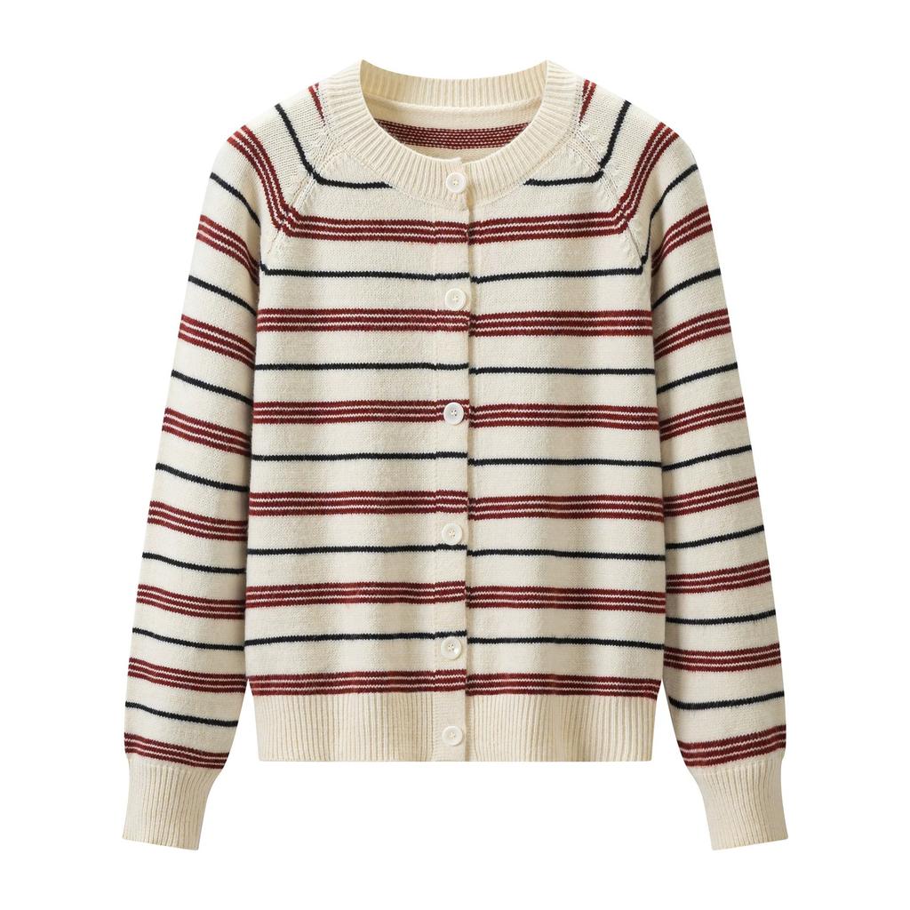 Retro contrasting striped knitted cardigan women's Korean version autumn and winter new lazy casual and thin design versatile sweater