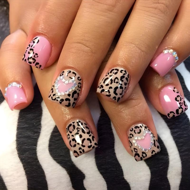 

24 Pcs Valentines Day Press On Nail Short Square False Nail Leopard Heart Stick on Nail Rhinestones Acrylic Nail 1