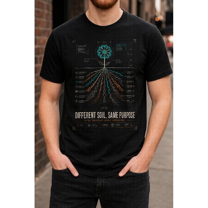 Plus Size - Men's T-Shirt S-5XL Featuring a Unique Flower Roots Diagram Print With Motivational Quote "Different Soil, Same Purpose" - A Casual