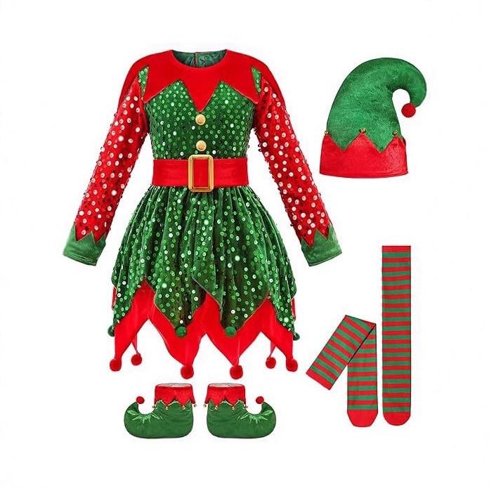 Girl Elf Costume Christmas Holiday Cosplay Dress With Accessories For Kids