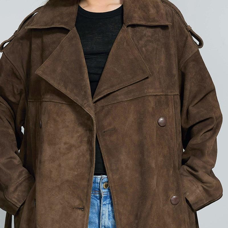Brauner Wildleder Langmantel Damen Lockerer Schnitt Revers mit Kerbe Business Casual Trenchcoat