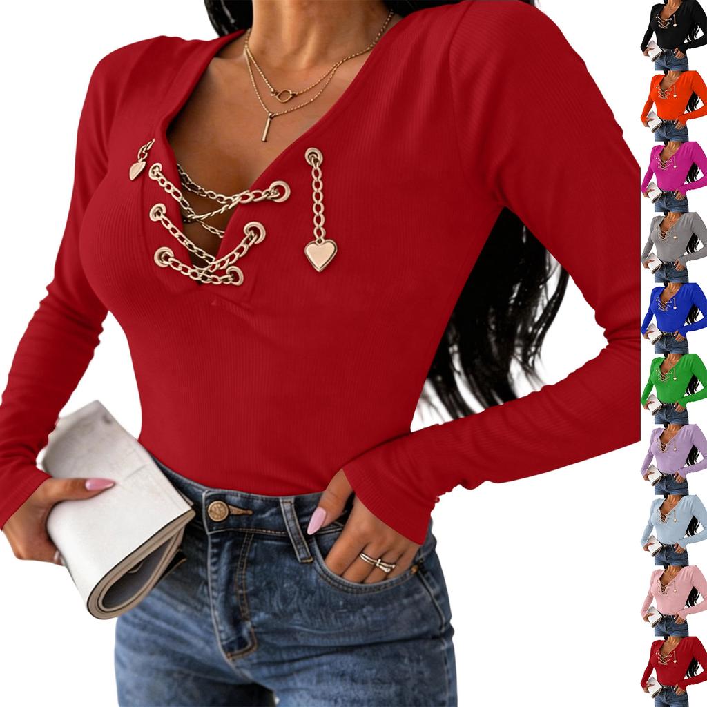 Women Long Sleeve Chain V Neck Top Slim Fit Pullover Casual Shirt with Decorative Accents for Daily Wear