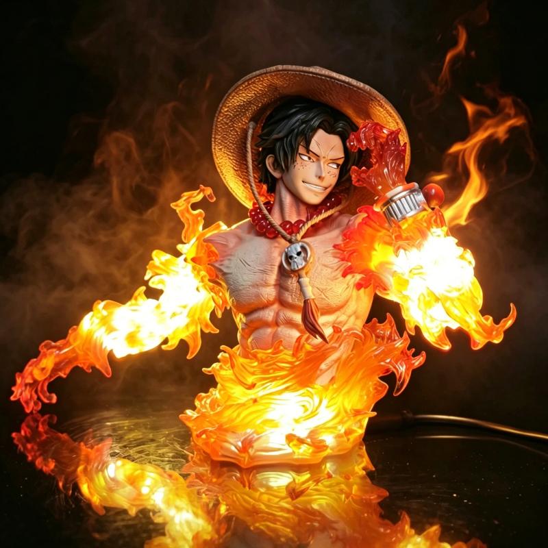 One Piece Portgas D Ace Anime Bust Figure Light Up Flame Effect Statue Collectible Model Toy Desktop Ornament Home Decor Gift