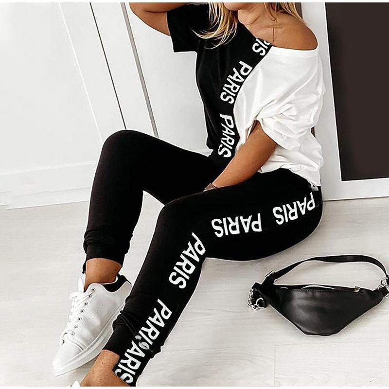 

European and American Women s Black & White Letter Print Off-Shoulder Set XL