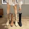 Embroidered Hollowed Out Mid Length Thick Heeled V-necked Knight Boots