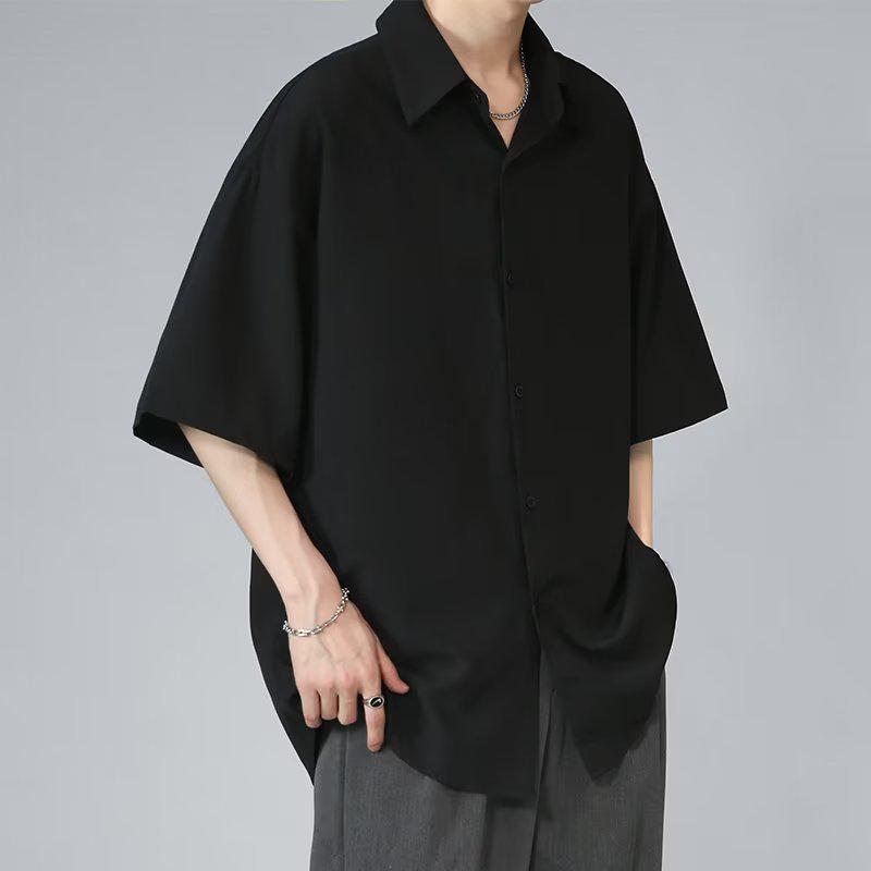 Men's Black Ice Silk Loose-Fit Short-Sleeve Shirt, Korean Style, Casual Summer Wear
