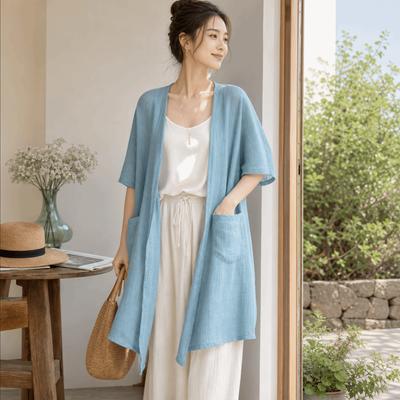 Short Sleeved Long Shawl Loose Beach Top Breathable Linen Cardigan  Summer Wear