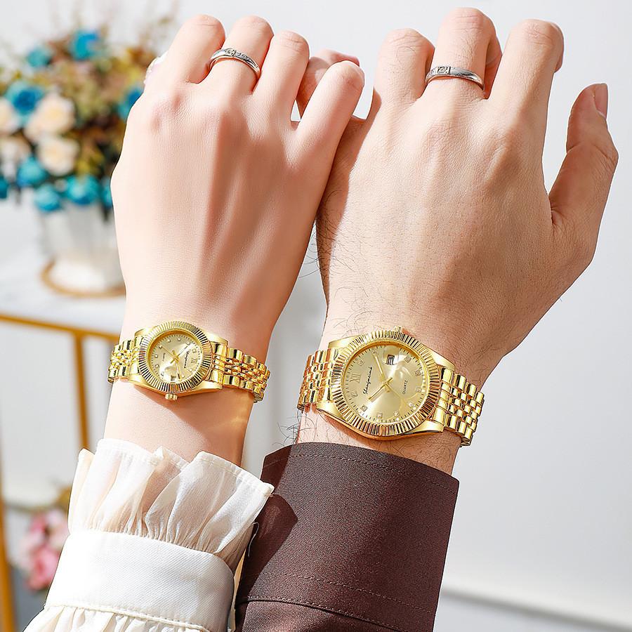 Couples Gold Business Quartz Watch With Night Light Calendar For Romantic Gift Set