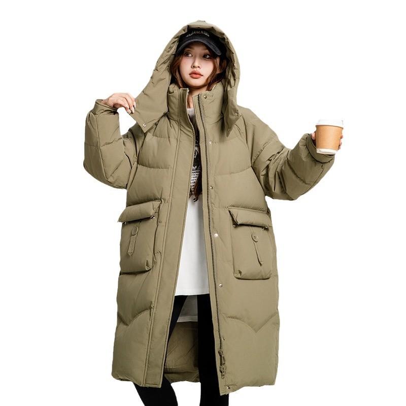 2025 winter new mid-length down padded jacket large size loose Korean over-the-knee padded jacket women's detachable hat