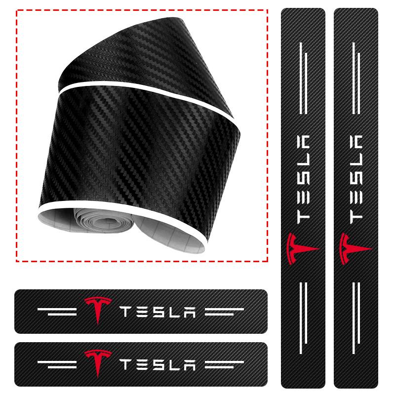 4Pcs/set Carbon Fiber Car Door Sill Threshold Protector Logo Stickers For Tesla Model 3 Model Model X Y Roadster Performance