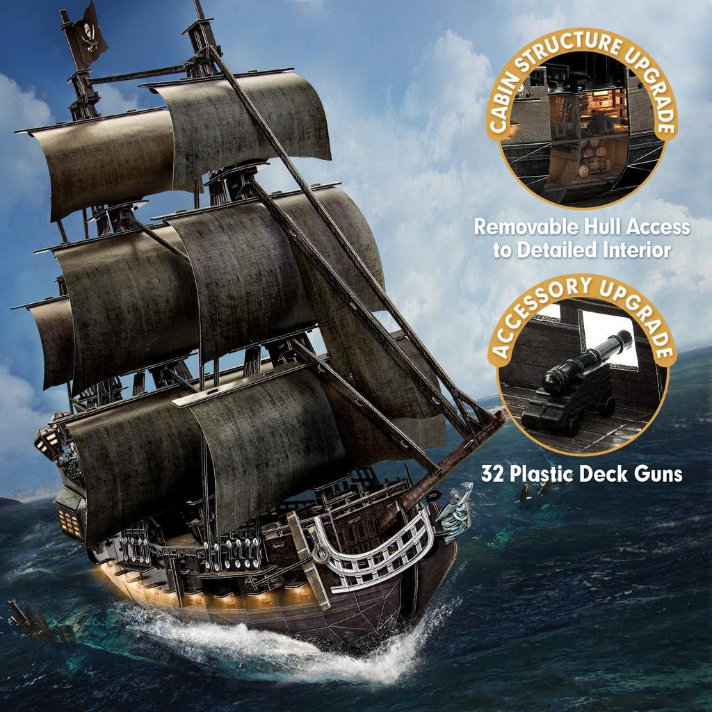 3D Puzzle for Adults Movable LED Pirate Ship Halloween Decoration Detailed Interior Large Queen Revenge Yacht Desk Puzzle Challenging 3D Puzzle with