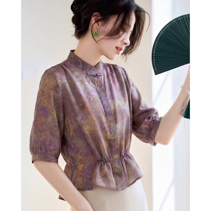 Oudeifu Elegant Chinese Style Floral Print Short-Sleeve Shirt