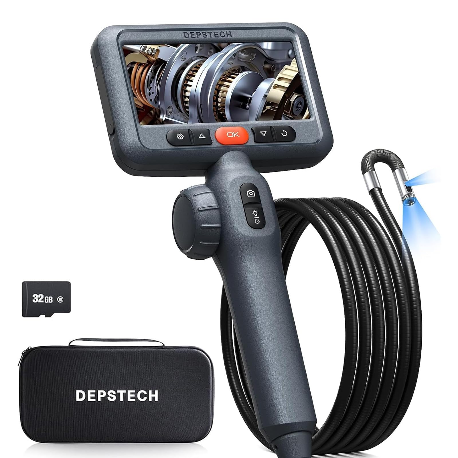 

Камера 2025 DEPSTECH Артикулююча двонаправлена IPS Зовнішня IP67 зі світлодіодом для дому, автомобіля, машини та очищення [Подвійна та модель] Фіброскоп, Обертання на 210°, сірий колір