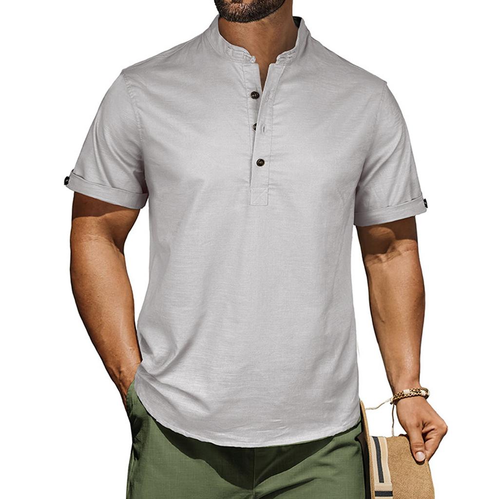 Men's Casual Shirt Short Sleeve Band Collar Linen Shirt Summer Beach Hippie T-Shirts