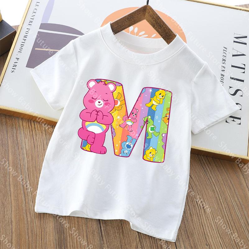 Care Bears Letter AZ T Shirt for Boys Girls Cartoon Name Clothes Tops Summer Breathable Cute Anime Short Sleeve Birthday Gifts