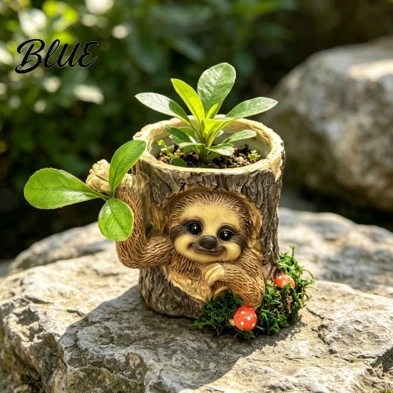 Cute Animal Shaped Planter Artificial Stump Planter Resin Tree Bark Shape Flower Pot with Koala/Frog/Sloth Rustic Bonsai Small Barrel Bucket