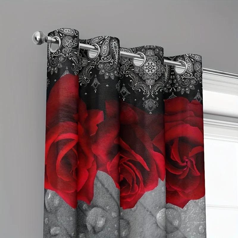 Modern Romantic Floral Printed Curtains Rose Thin Fiber Fashion Printed Curtain Bedroom Kitchen Living Room Home Decor 2 Panels