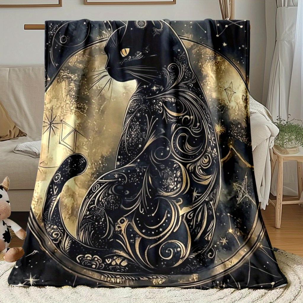 Custom Black Cat Blanket Celestial Moon Stars Design Personalized Name Fleece Throw All Season Soft Warm Bedding Home Decor Gift
