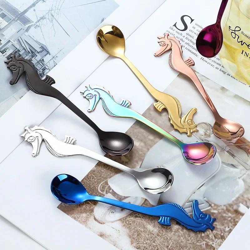 Stainless Steel Creative Sea Horse Shape Coffee Spoon Hanging Cup Stirring Spoon Titanium-plated Multi-color Specialty Spoons