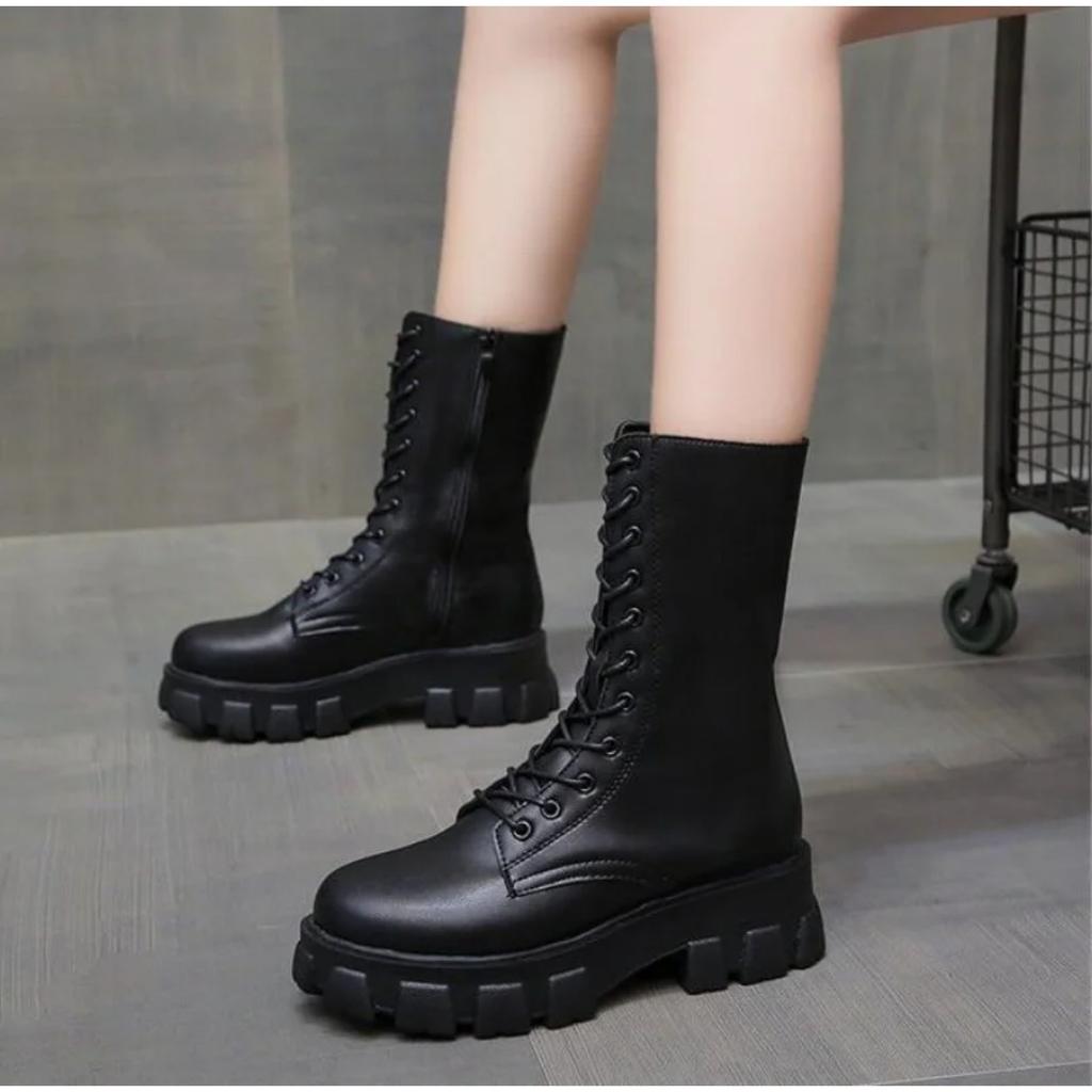 New Mid Calf Boots Women Autumn Winter Fashion Lace-up Ladies Chelsea Zipper Botas Mujer Boots Sports Platform Heel Ladies Shoes