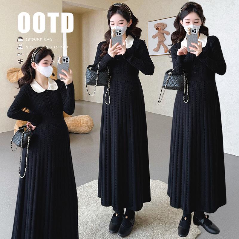 Spring 2026 Korean-Style Doll Collar French Knit Maternity Dress 2XL
