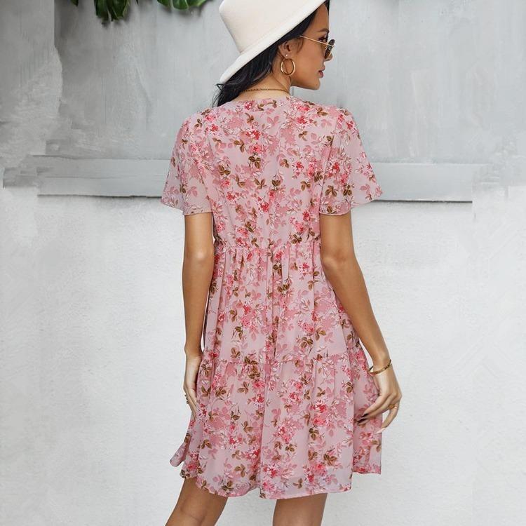 Women Summer Floral Chiffon Dress V Neck Short Sleeve Casual Spring Outfit
