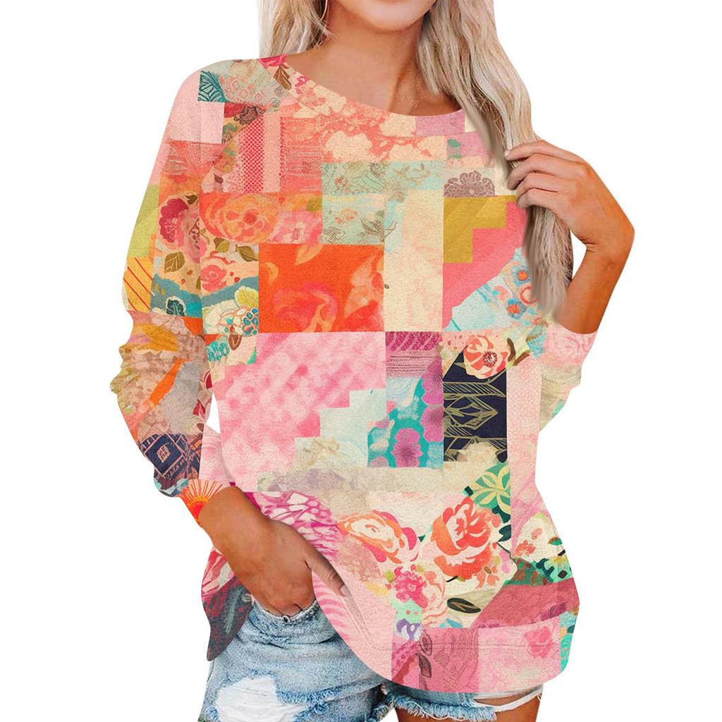 Damen Modisches Rundhals Schulter Langarm Bedrucktes Lässiges Pullover-Oberteil