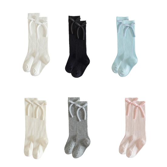 1 Pair Children Socks High School Long Tube Solid Color Stockings Princess Style Bow Decor Calf Socks Spring Autumn Wear