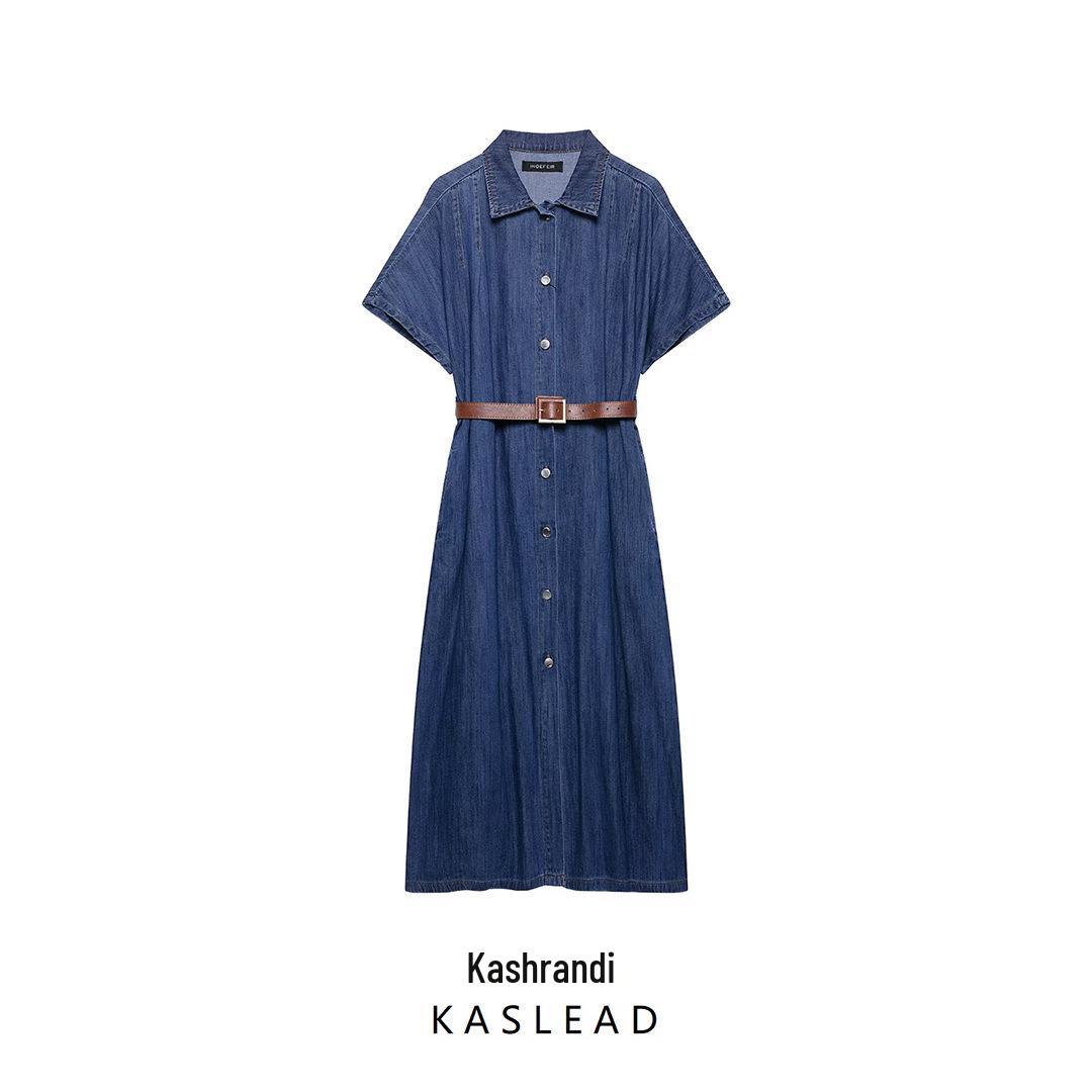 

2025 Spring Women s Belted Midi Denim Dress - European & American Style Fashion Small