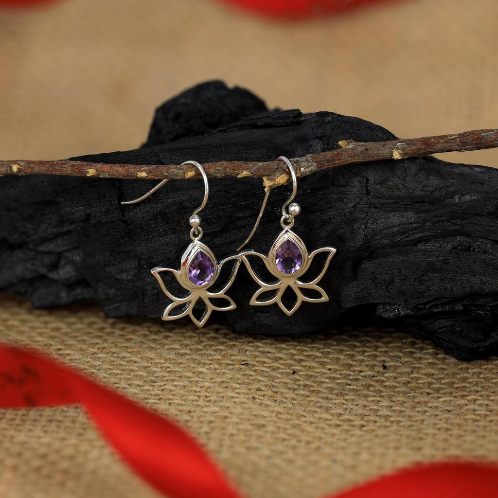 Garnet Flower Earrings: Sterling Silver Dangle Earrings