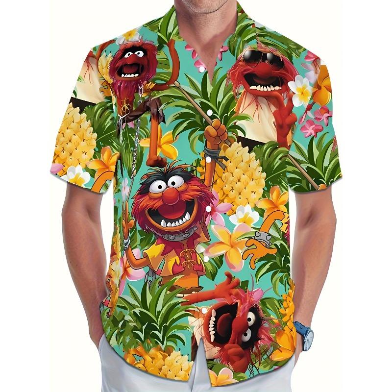

Men s Retro Cartoon Print Short-Sleeve Shirt: Vibrant Tropical Floral, Lightweight Polyester, Button-Up XXXXL