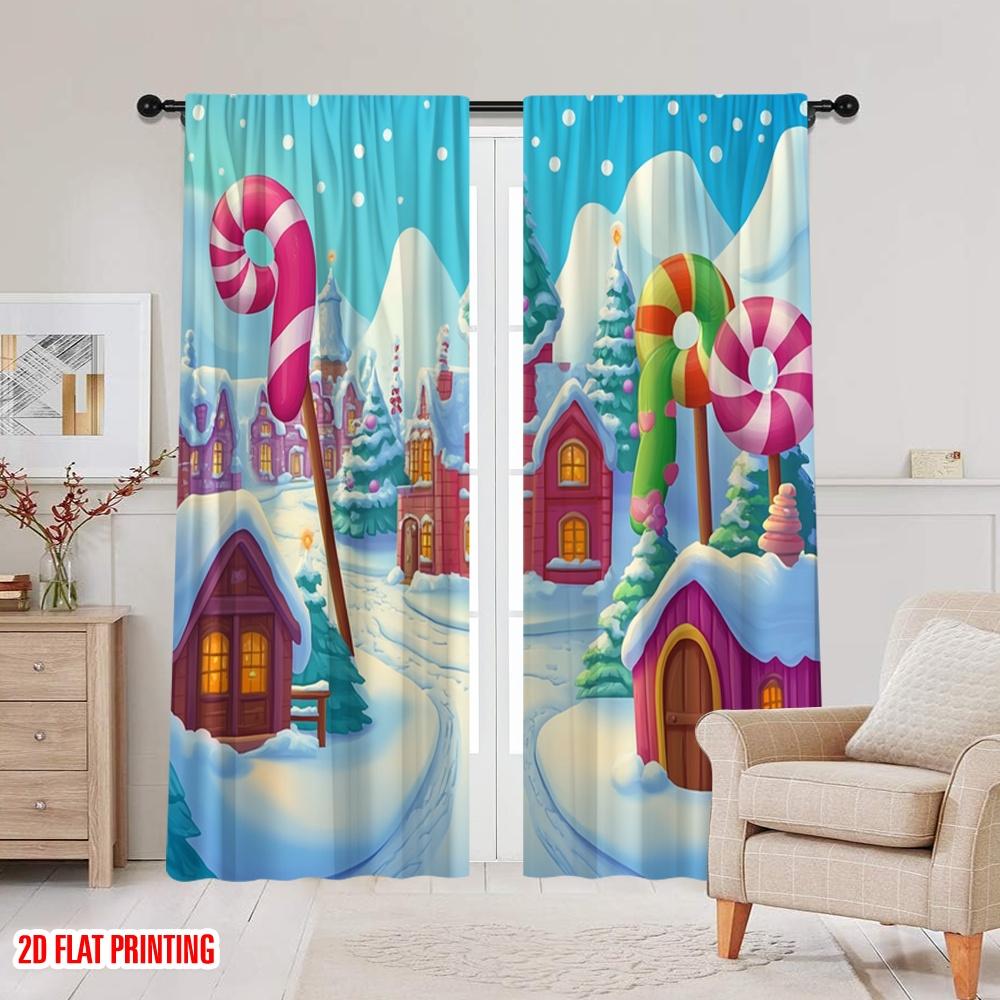 2pcs,2D Plane Printing Popular Curtains Candy Christmas Village Scene (4) Versatile Polyester (without Rod) Outdoor Decorations