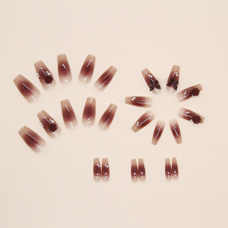 24 Pcs Coral Blush Medium and Long Ballet Nail Crystal Butterfly Camellia Pearl Combination Nail Art Tablets Nails