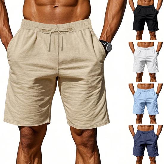 Men Summer Beach Shorts with Pockets Drawstring Elastic Waist Solid Color Versatile Casual Shorts for Daily Wear