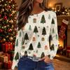Women's Long Sleeve Christmas Tree Print Top with Side Slit Hem and Round Neck - Holiday Casual Blouse