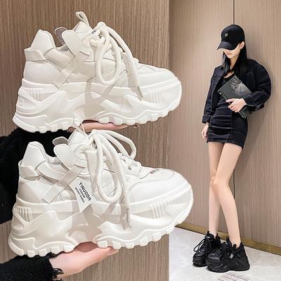 Damen High Platform Casual Lederschuhe Neu Herbst Schnür-Chunky-Sneakers Keile Versteckte Absätze Freizeit Weiße Schuhe Frau