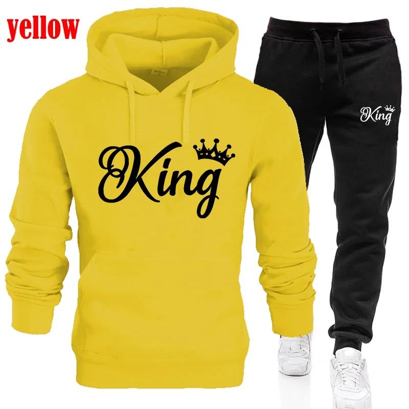 Fashion KING and QUEEN Printed Hooded Suits Autumn Winter Couple Hoodie + Pants 2-piece Suit