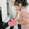 Oven Mitts for Kids, Red Grid Kitchen Gloves Heat Resistant for Cooking Baking Microwave