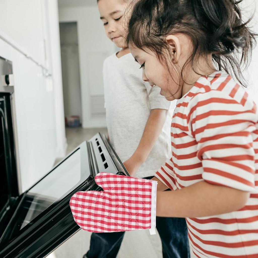 Oven Mitts for Kids, Red Grid Kitchen Gloves Heat Resistant for Cooking Baking Microwave