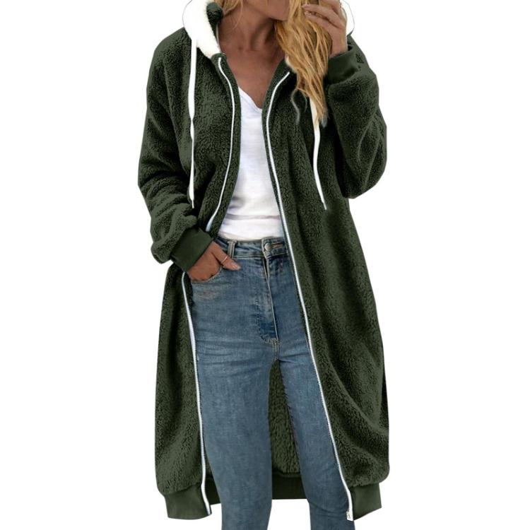Women Hooded Coat Medium Length Solid Color Double Sided Plush Pocket Jacket