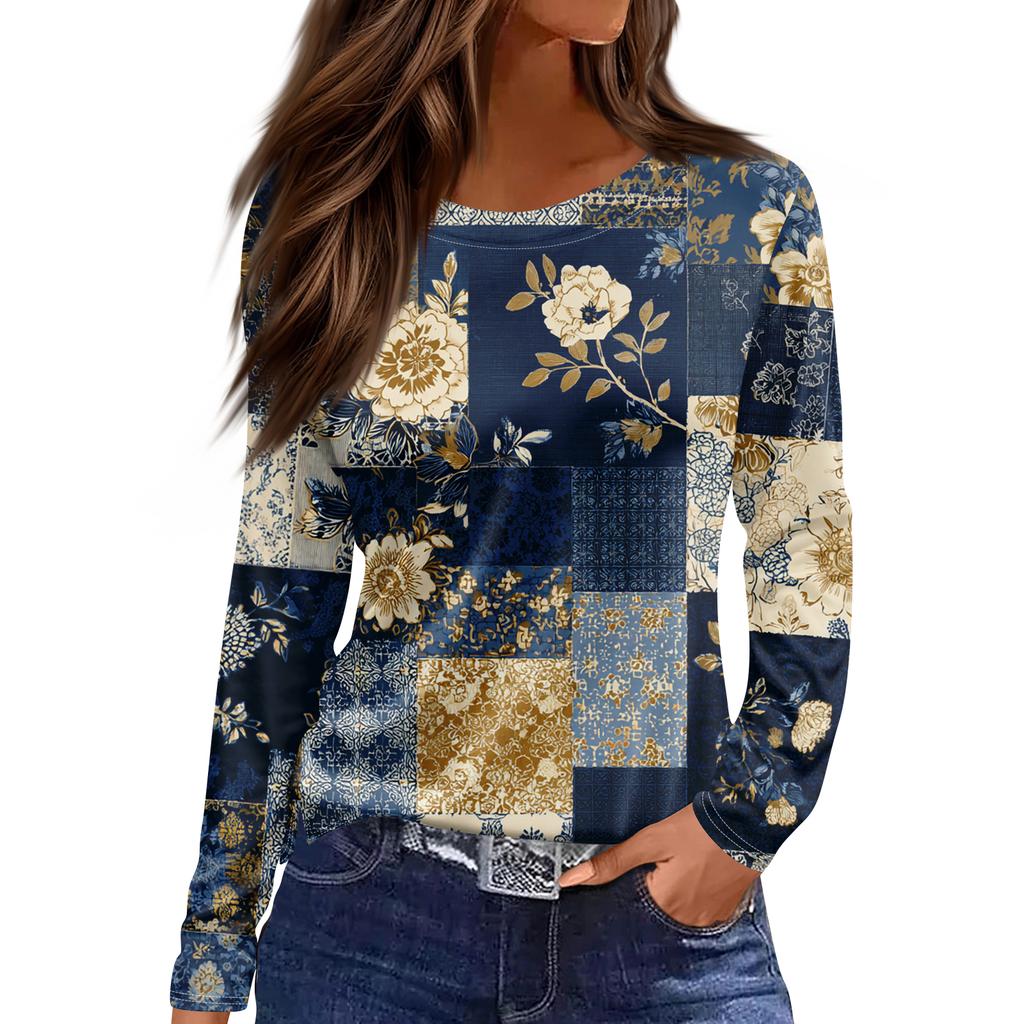 Women's Fashion Hem Slit Casual Retro Floral Print Round Neck Long Sleeve Top