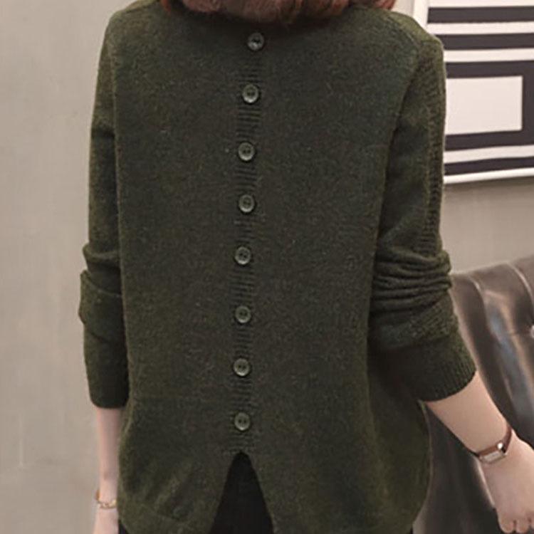 Women's V-Neck Sweater: Stylish, Slimming, Long-Sleeved Knit with Back Slit - Perfect for Spring and Autumn in Solid Colors.