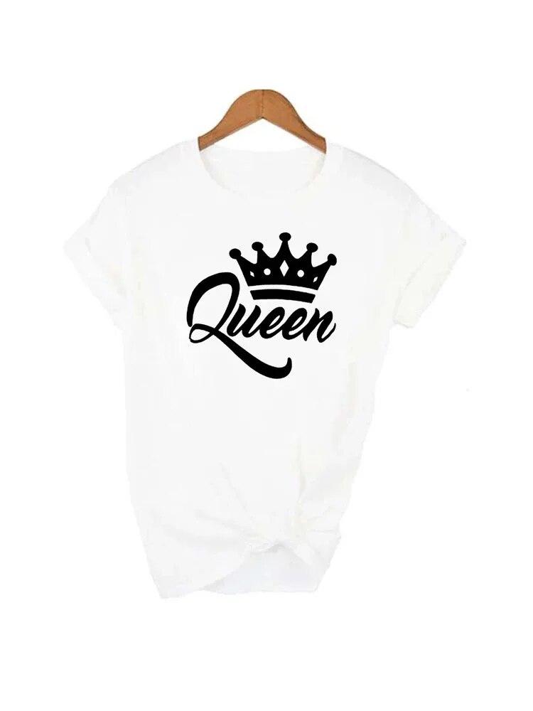 100% Cotton T Shirt KING QUEEN Letter Crown Printed Black White T-shirts Summer Casual Couple Lovers Tshirt Tops Clothes Unisex